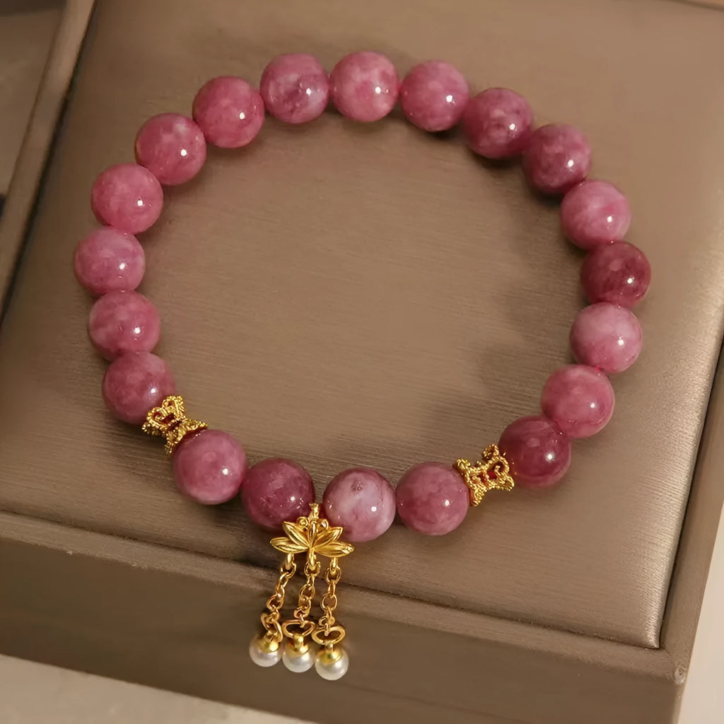 Natural stone bracelet with pink lotus tassel pendant and crystal beads