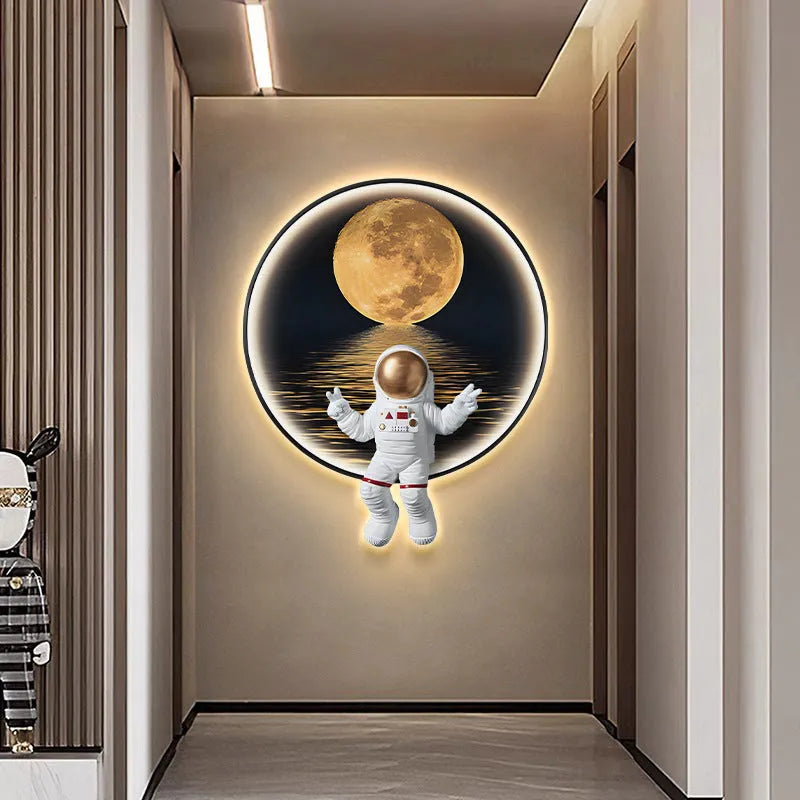Spaceman-themed canvas wall painting for a child's bedroom, shown in three sizes with optional LED lighting.