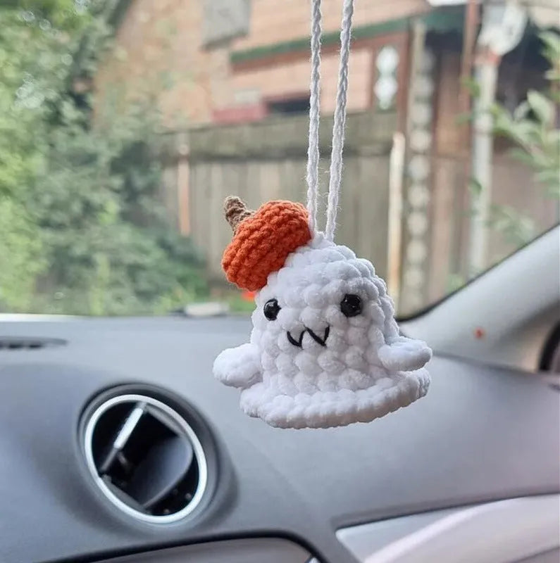Polyester plush hand-woven cartoon automobile hanging ornament showing Halloween bat and ghost designs.