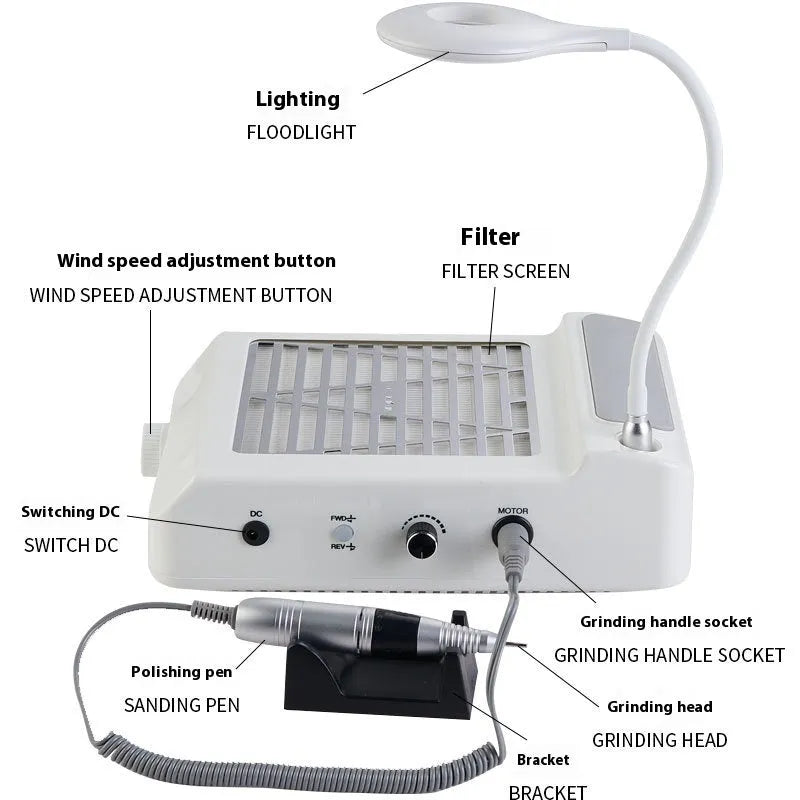 White four-in-one nail polishing machine with vacuum cleaner for salon and home nail treatments