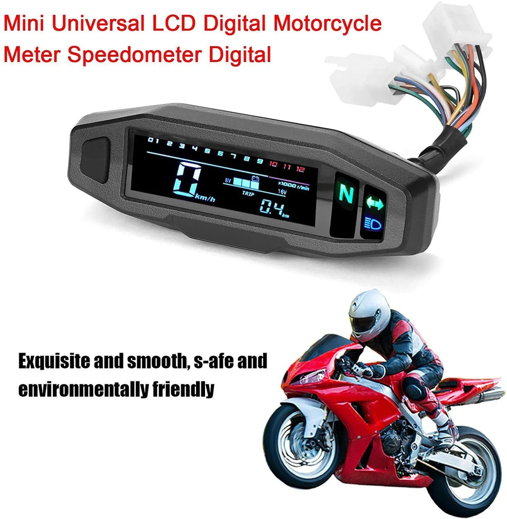Black motorcycle mini speedometer LCD instrument with speed and oil gauge display.