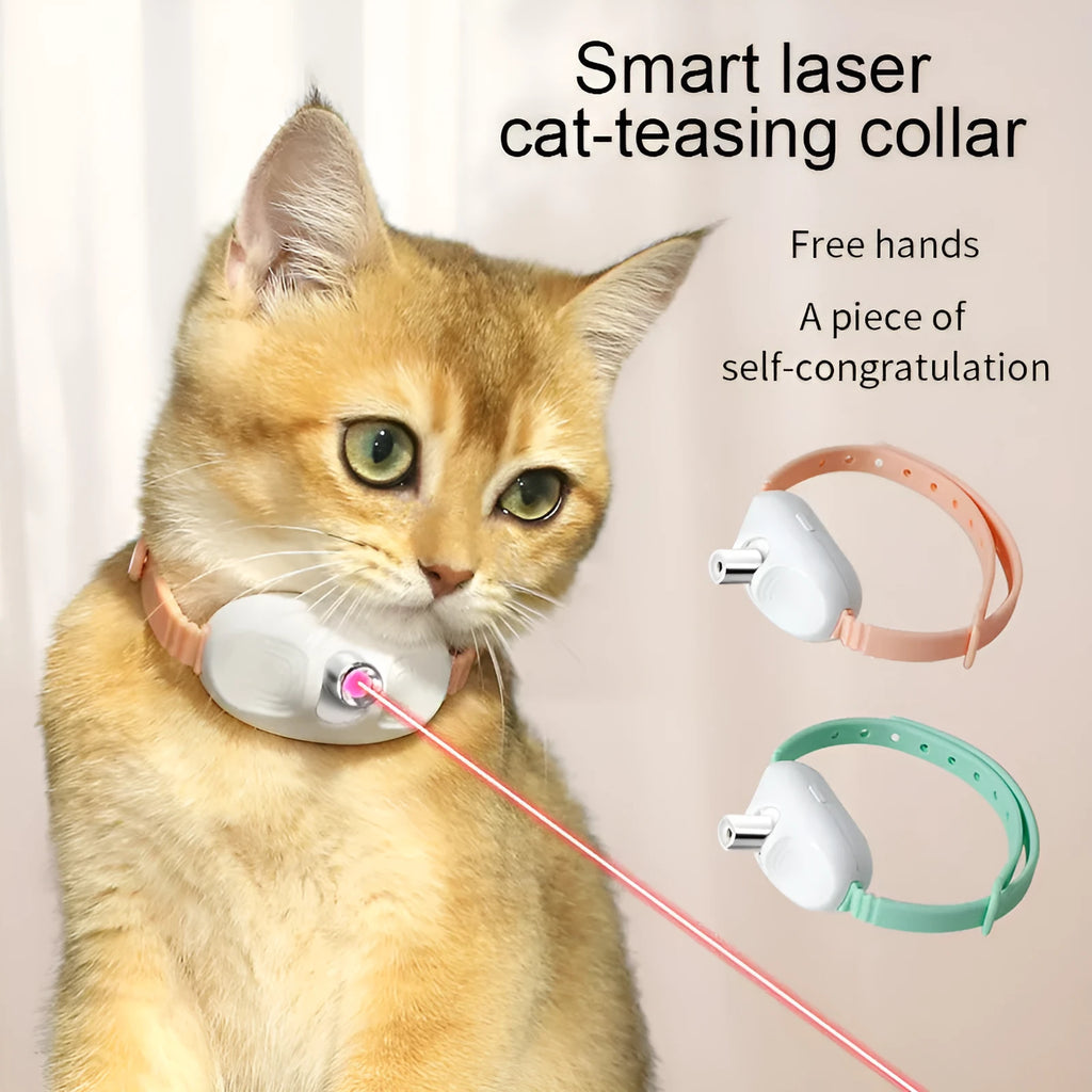 USB rechargeable interactive laser cat teasing collar in green and pink colours on an adjustable nylon strap