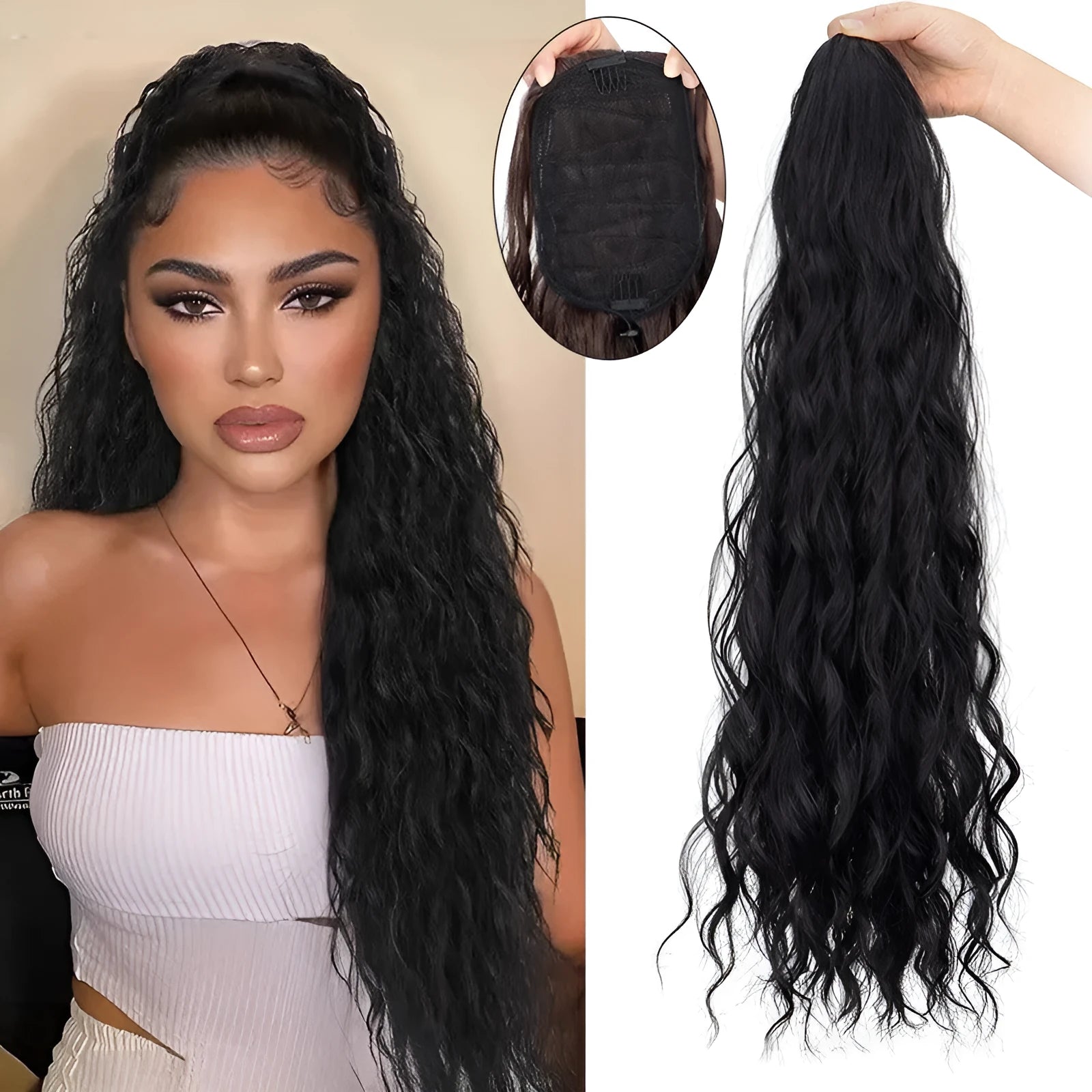 Water ripple long curly hair extension with fluffy corn curler texture and drawstring attachment