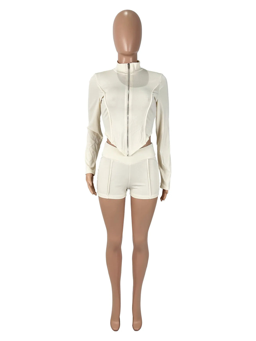 Women's apricot solid colour lapel long sleeve shorts suit set with polyester fabric