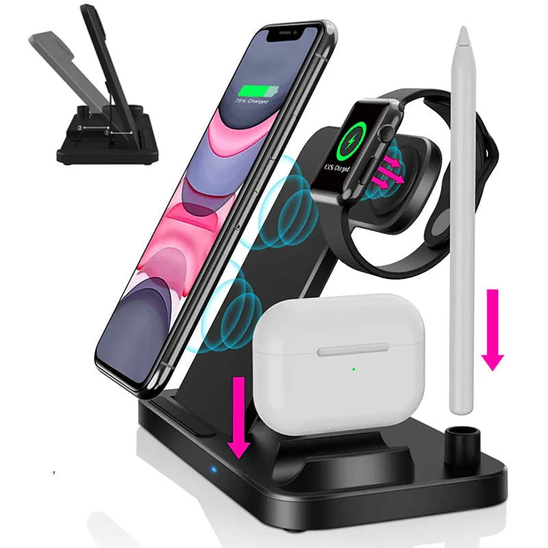 Foldable 4-in-1 wireless charging station in black, showing vertical phone stand and multiple charging pads for devices.