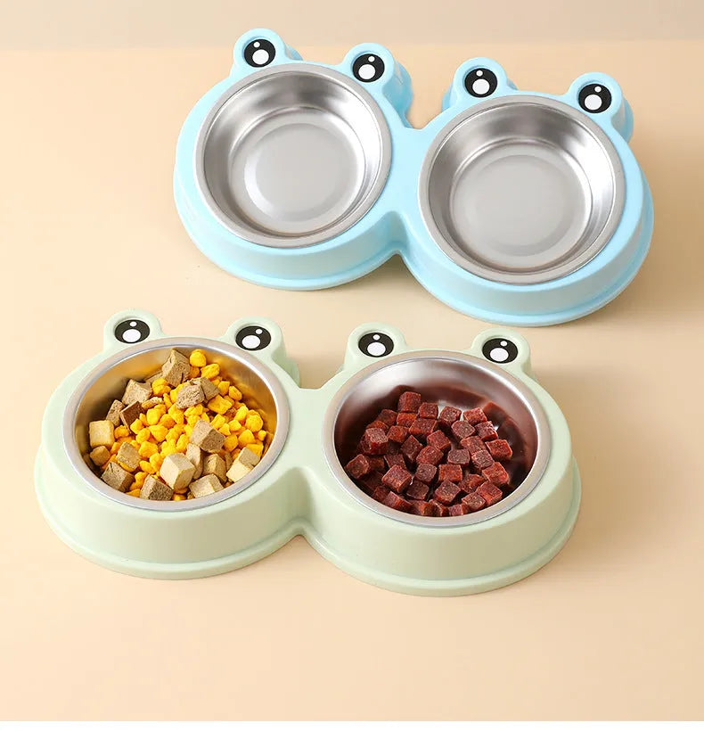 Stainless steel double pet bowl for food and water with a non-slip base and frog design, in blue colour.