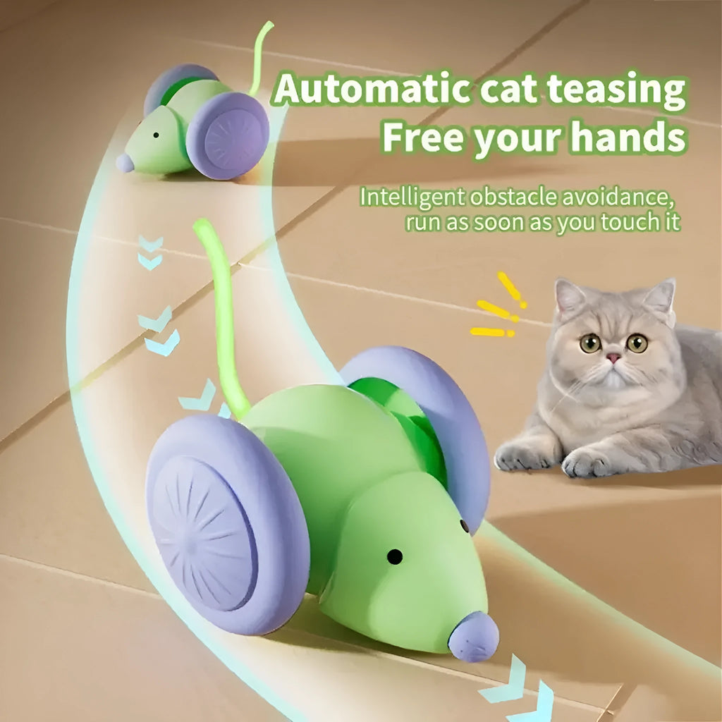 Interactive electric mouse cat toy in green or white with automatic movement and obstacle avoidance, made from ABS and TPU