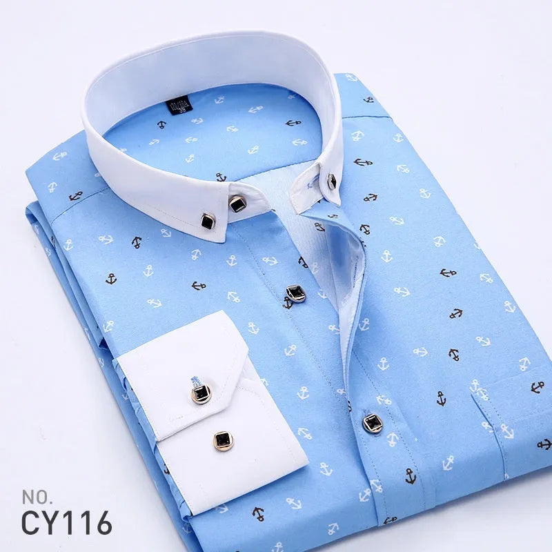 Men's slim-fit printed long-sleeved cardigan shirt in plaid and graphic colourways, Asian sizes 38-44
