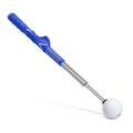 Telescopic stainless steel golf swing trainer simulator on a green background.
