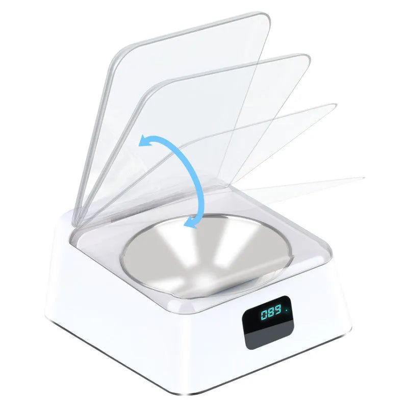 White automatic pet feeder with compact 210x170x92mm dimensions and USB rechargeable base