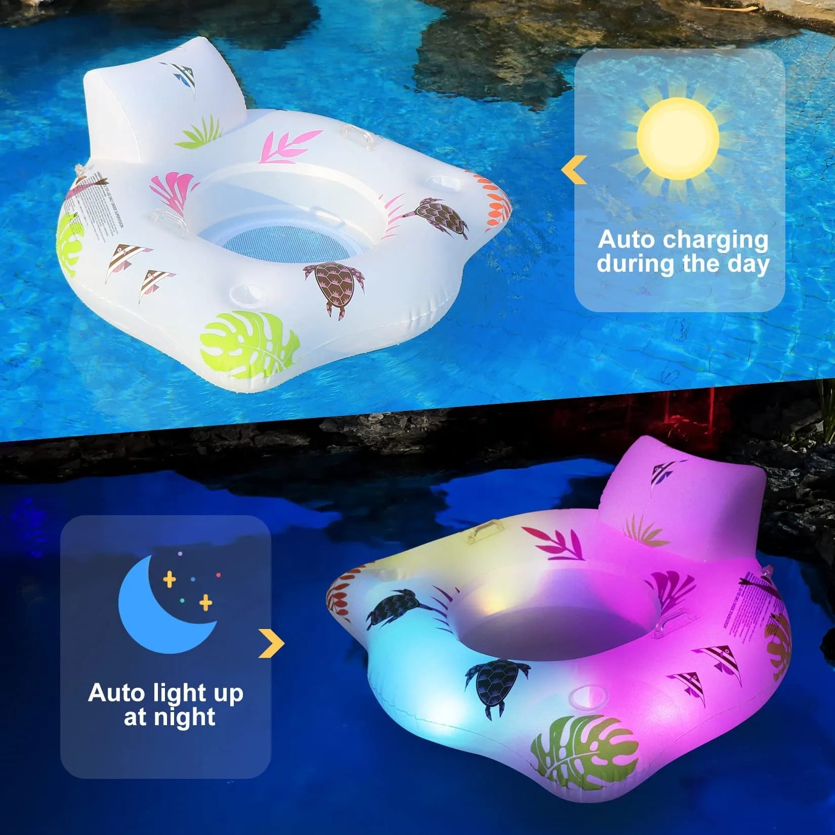 White luminous U-shaped inflatable seat float for water reclining.