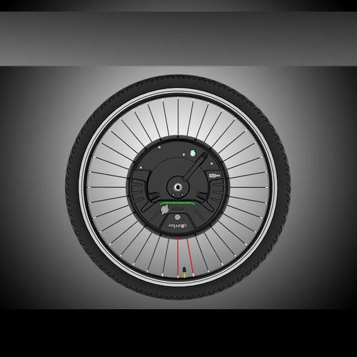 Black bicycle wheel with integrated Imotor 3.0 hub motor for electric bike conversion.