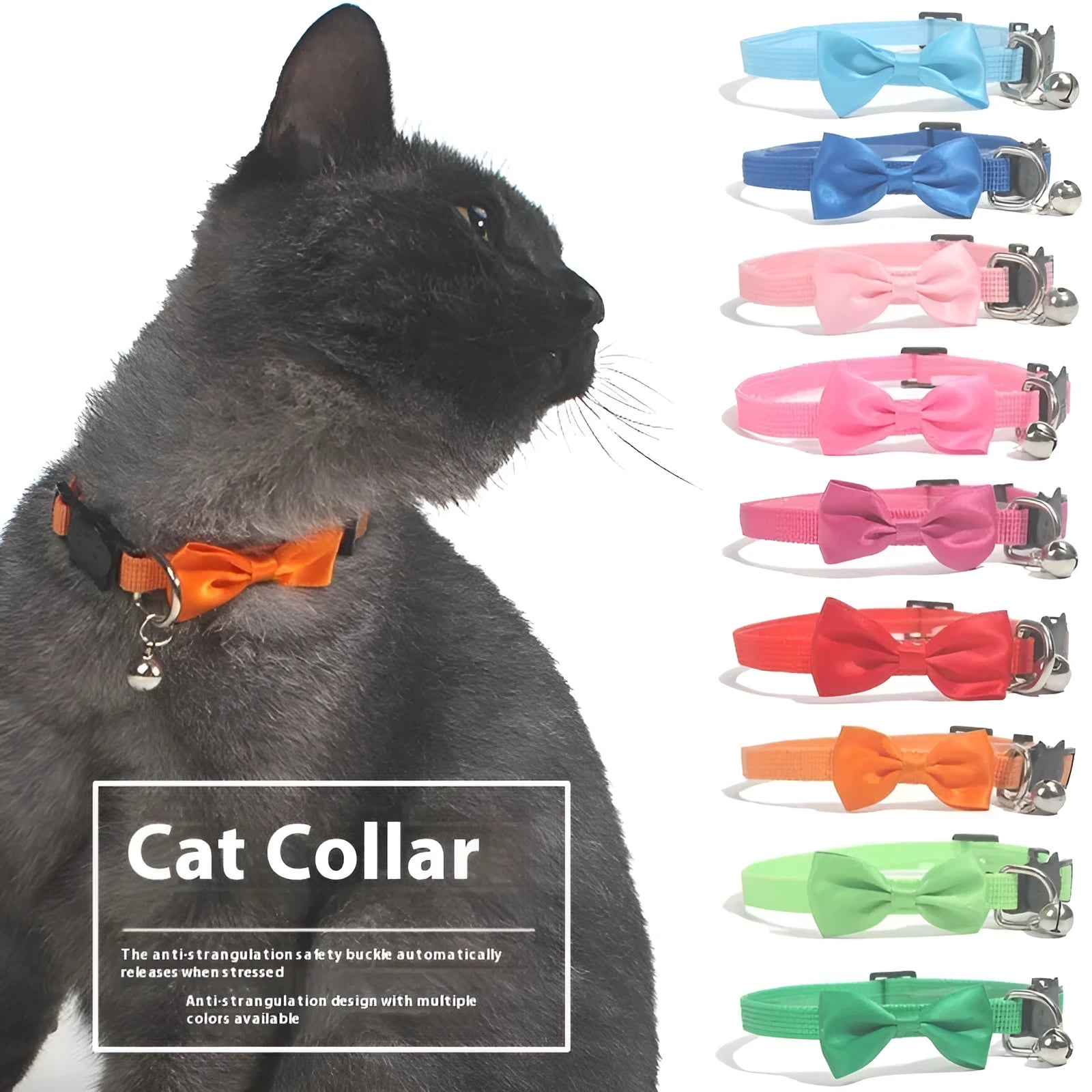 Multi-colour adjustable cat collar with bell and striped pattern in nylon material