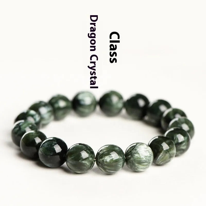 Natural Green Dragon Crystal round bead bracelet with 8-9mm beads and a Ruyi charm.