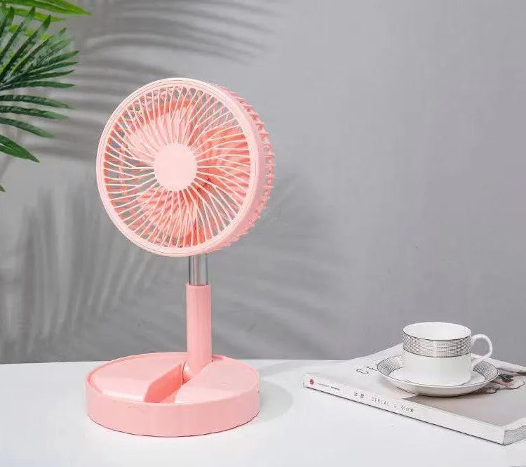 Black portable telescopic folding fan extended to full height showing oscillation function and power bank port