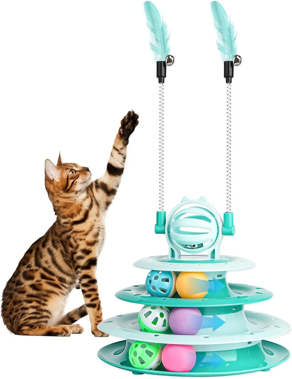 Blue 4-tier interactive cat toy carousel with balls and teasing rods