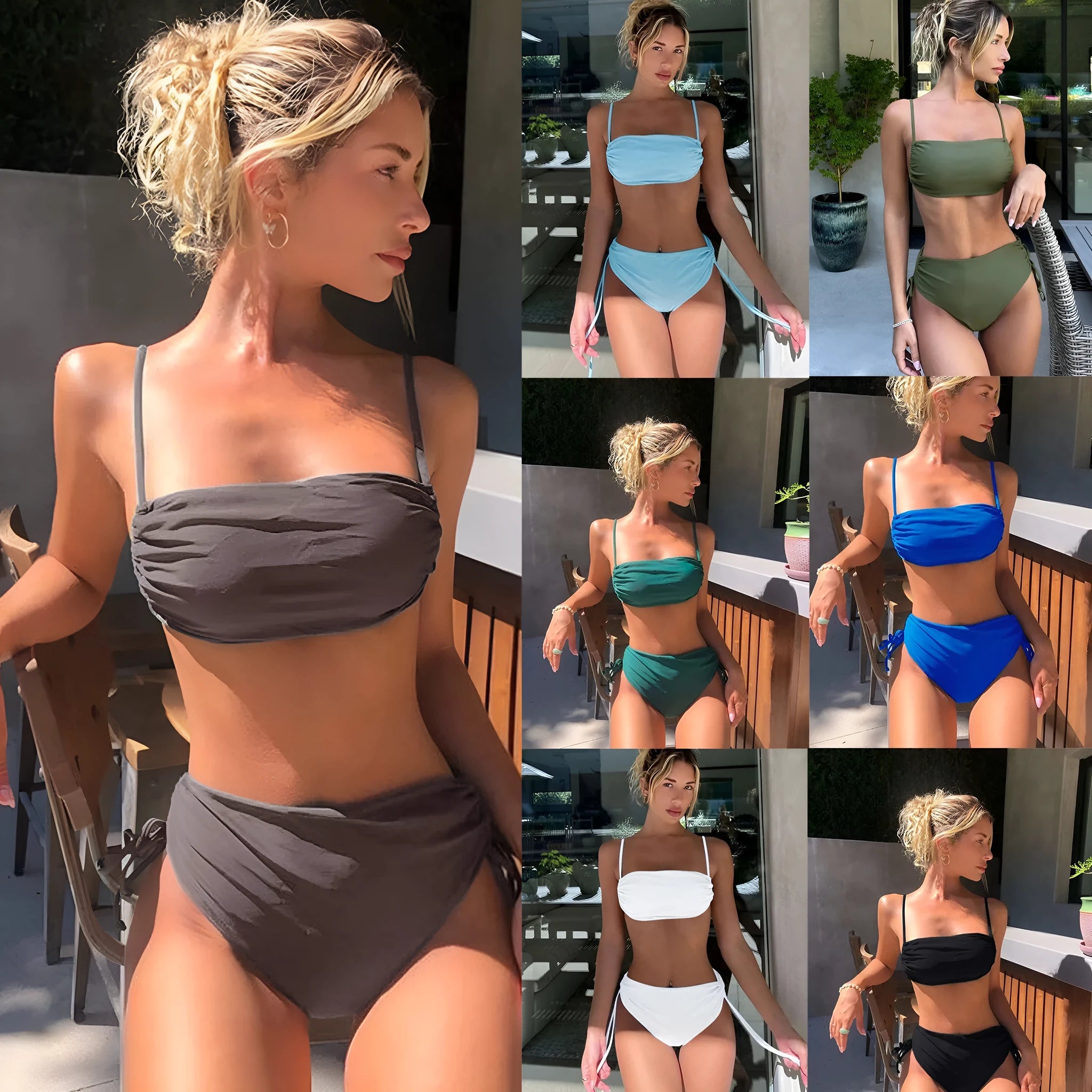 Solid colour nylon bikini two-piece swimsuit set for women, briefs style, available in multiple colours