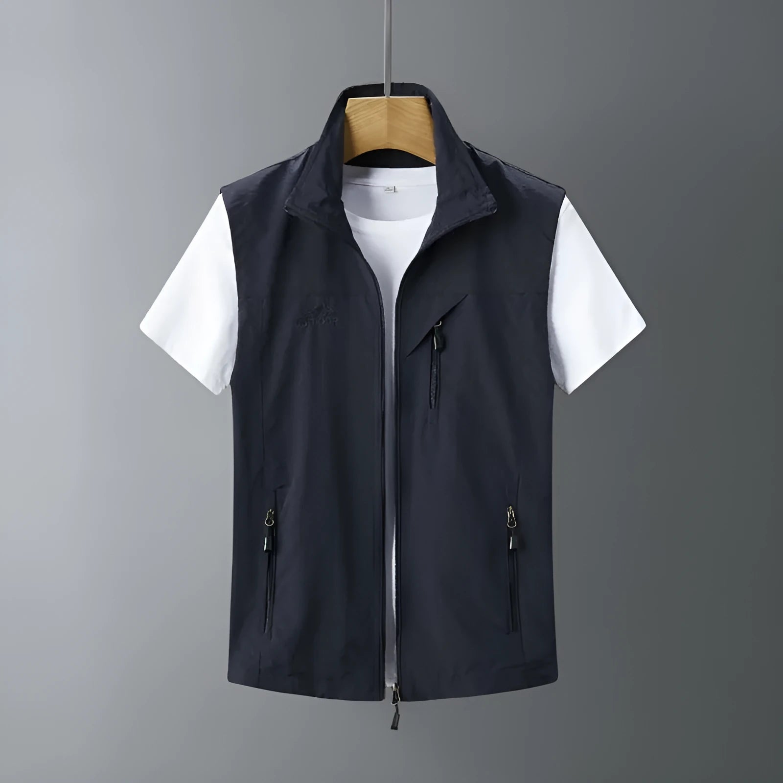 Men's slim fit rabbit fur waistcoat with an attached hood in army green colour.