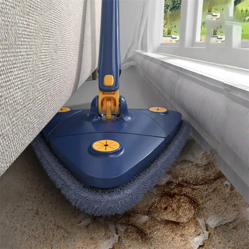 Blue and white extendable triangle cleaning mop with a rotating head on a long stainless steel pole.