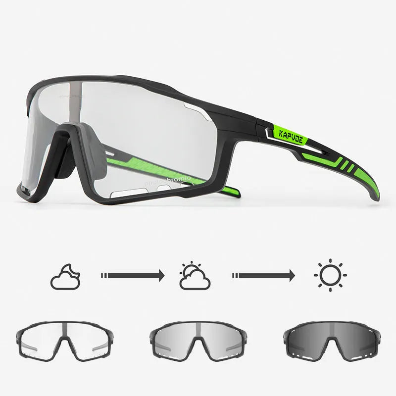 Photochromic cycling sunglasses with semi-rimless TR90 frame on a bicycle helmet.