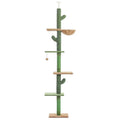 Tall solid wood cactus-shaped cat tree with integrated scratch board and dangling toy.