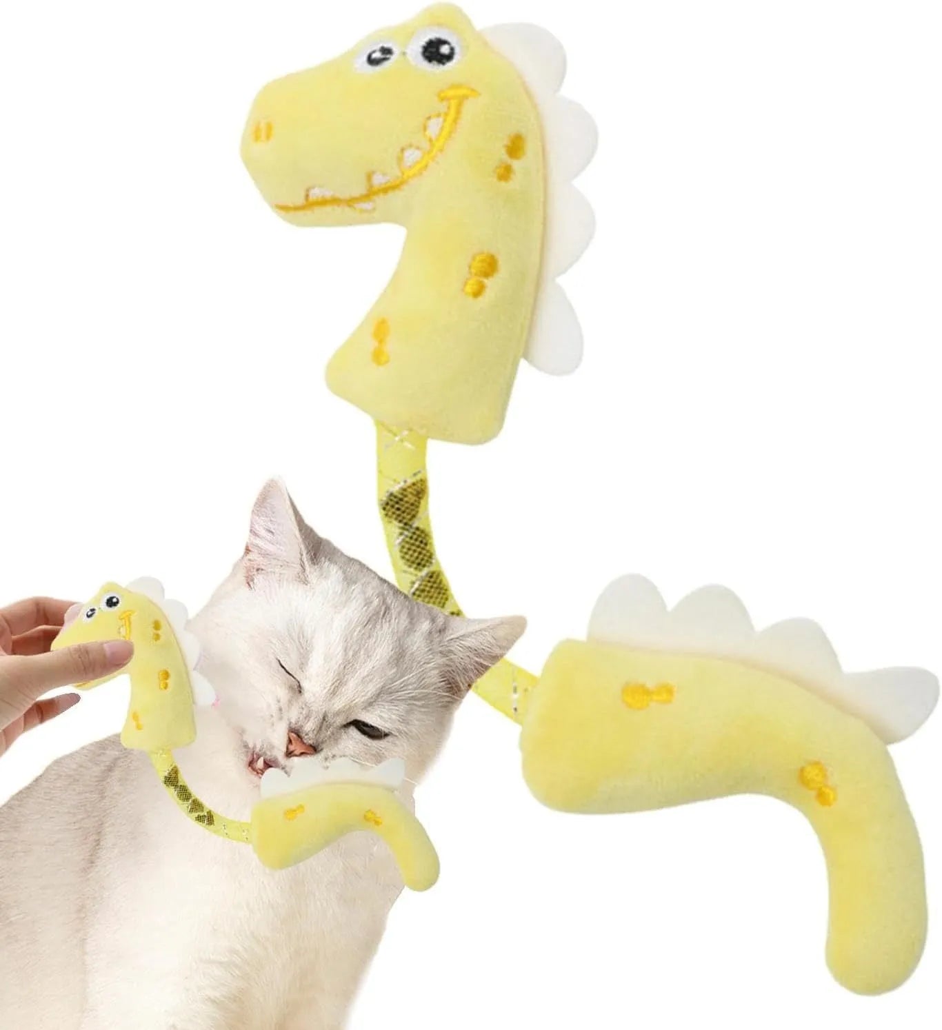 Set of four cat toys: plush chew toy, catnip rope, spring, and kicker toy on a pink background.