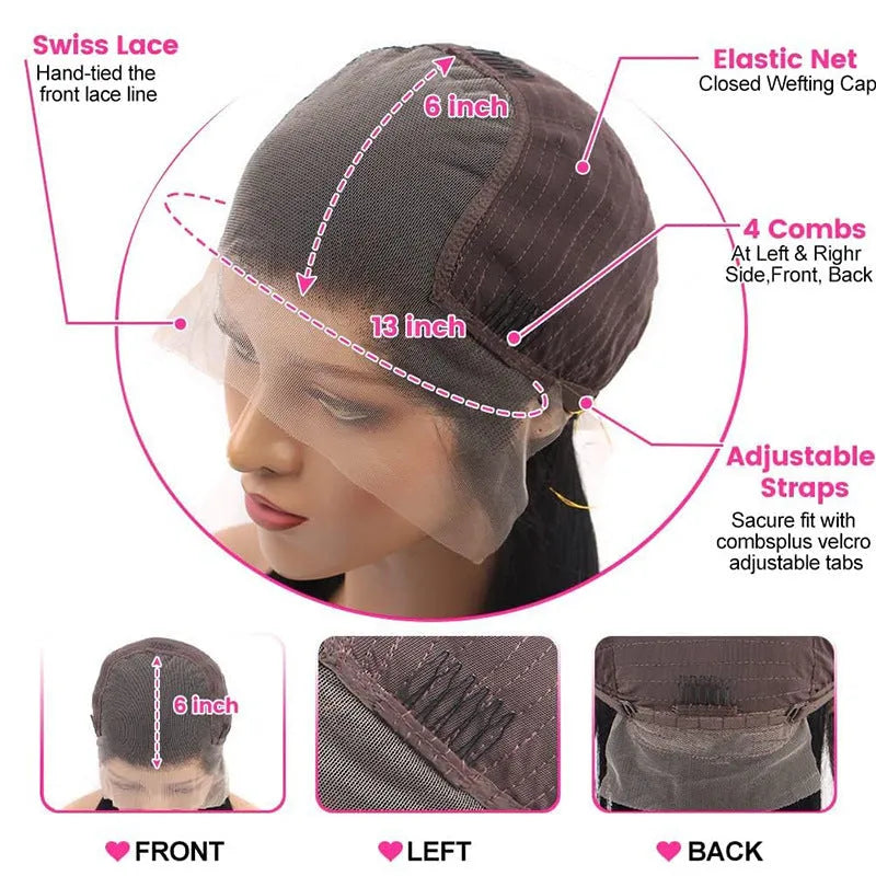 A straight, black, human hair lace front wig with a natural hairline on a 13x6 inch base.