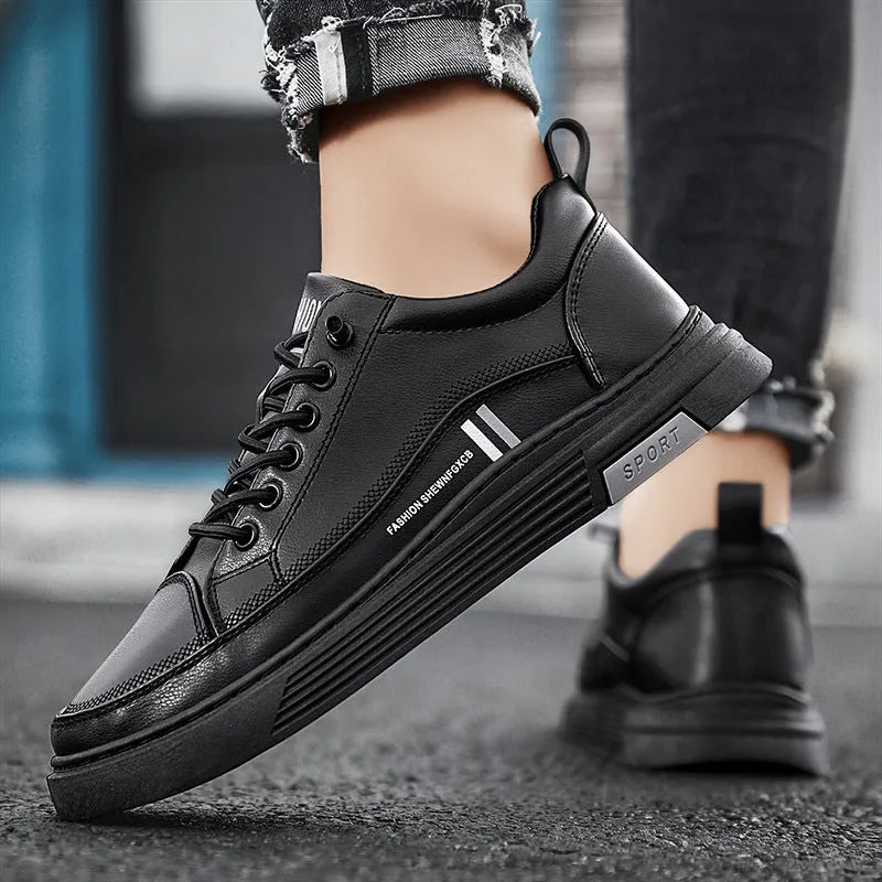 Men's black and white skateboard shoes with microfiber upper and elastic band closure