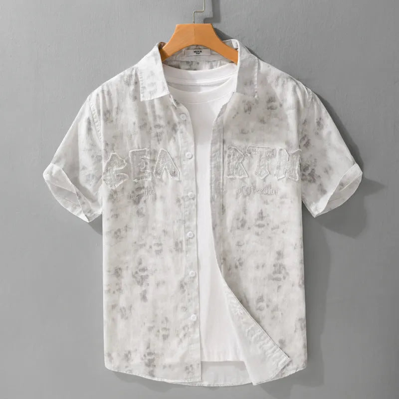 Men's grey white hanging dyed printed cotton cardigan with short sleeves and loose fit