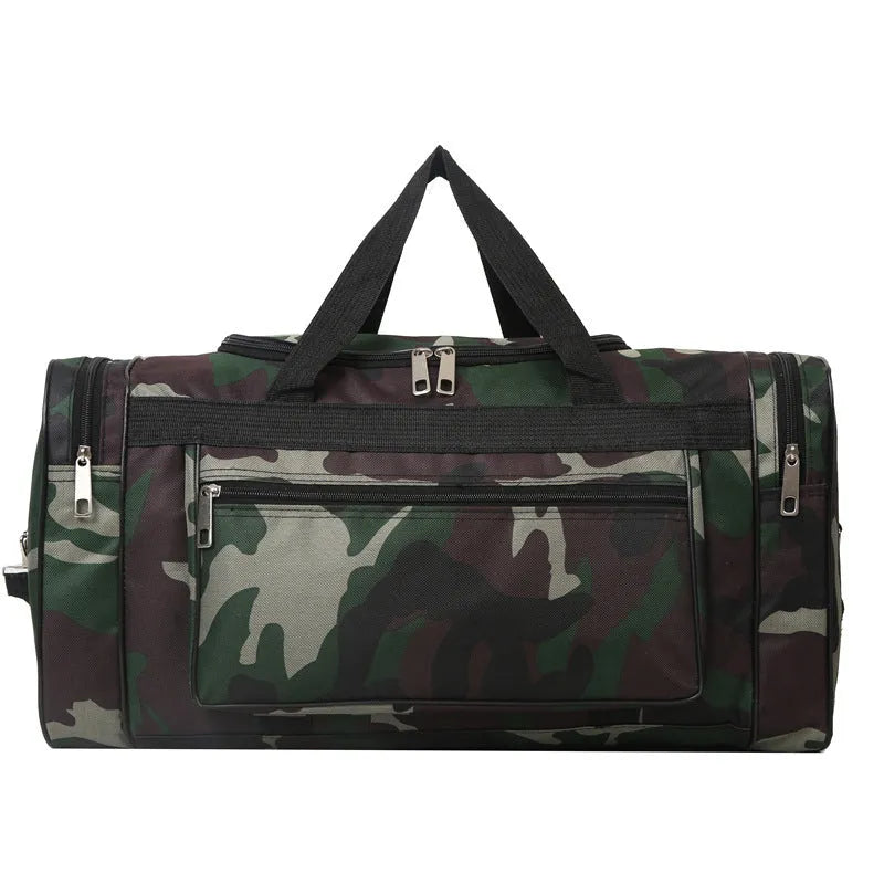 Camouflage coloured waterproof luggage bag with large capacity for travel.