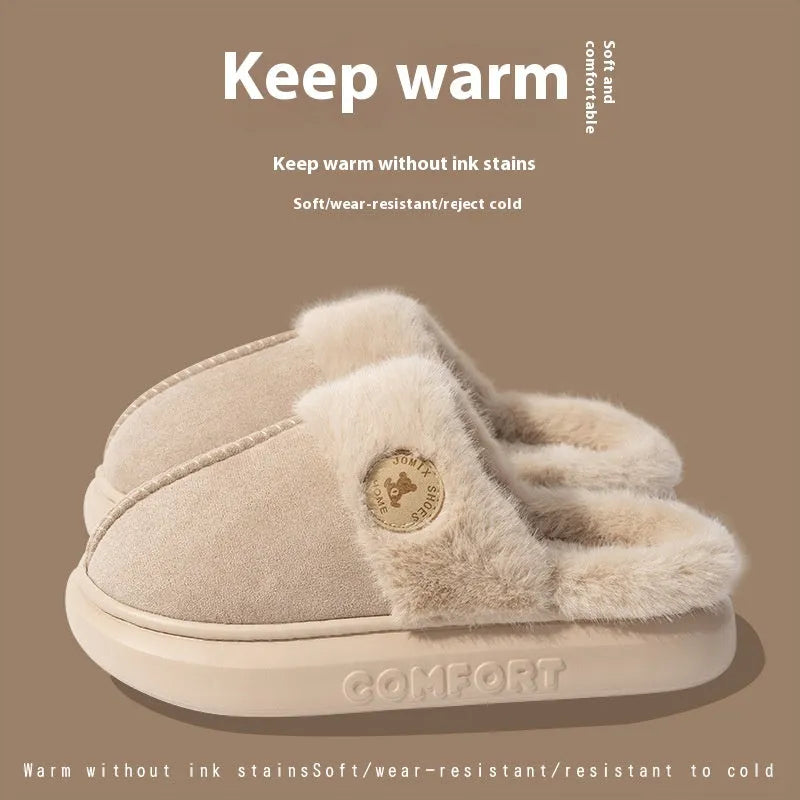 Plush fleece winter slipper with thick PVC sole, shown in khaki colour with car stitching detail.
