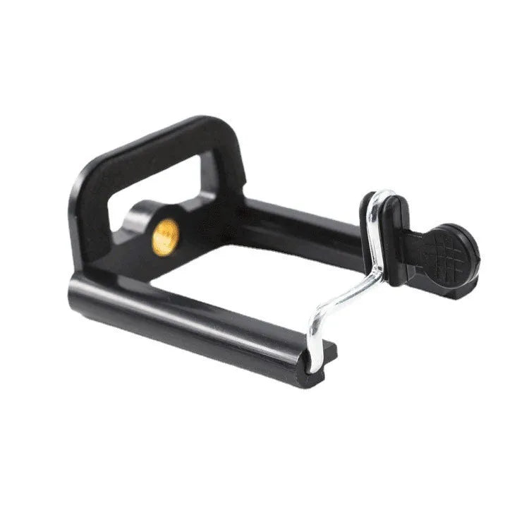 Black U-shaped plastic clip-on mobile phone holder and bracket.
