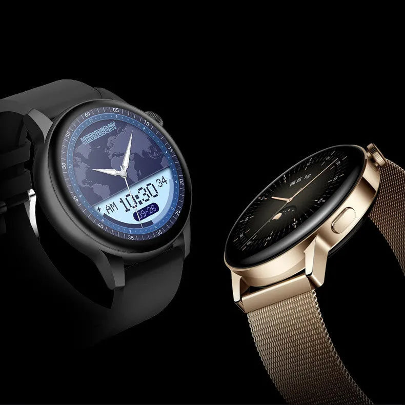 Silver stainless steel smart watch with a colour touch screen on a wrist