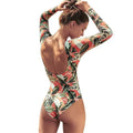 Women's backless one-piece swimsuit with floral leaf pattern in polyester fabric
