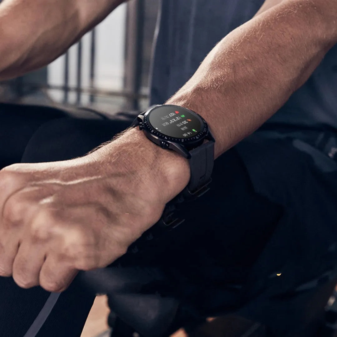 Round smartwatch with aluminium alloy case on wrist, showing touch screen displaying time and heart rate.