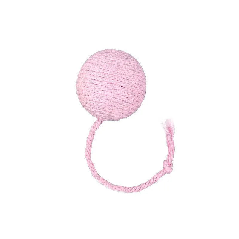 Colourful cat toy ball with an attached rope, shown in green, pink, purple, and yellow.