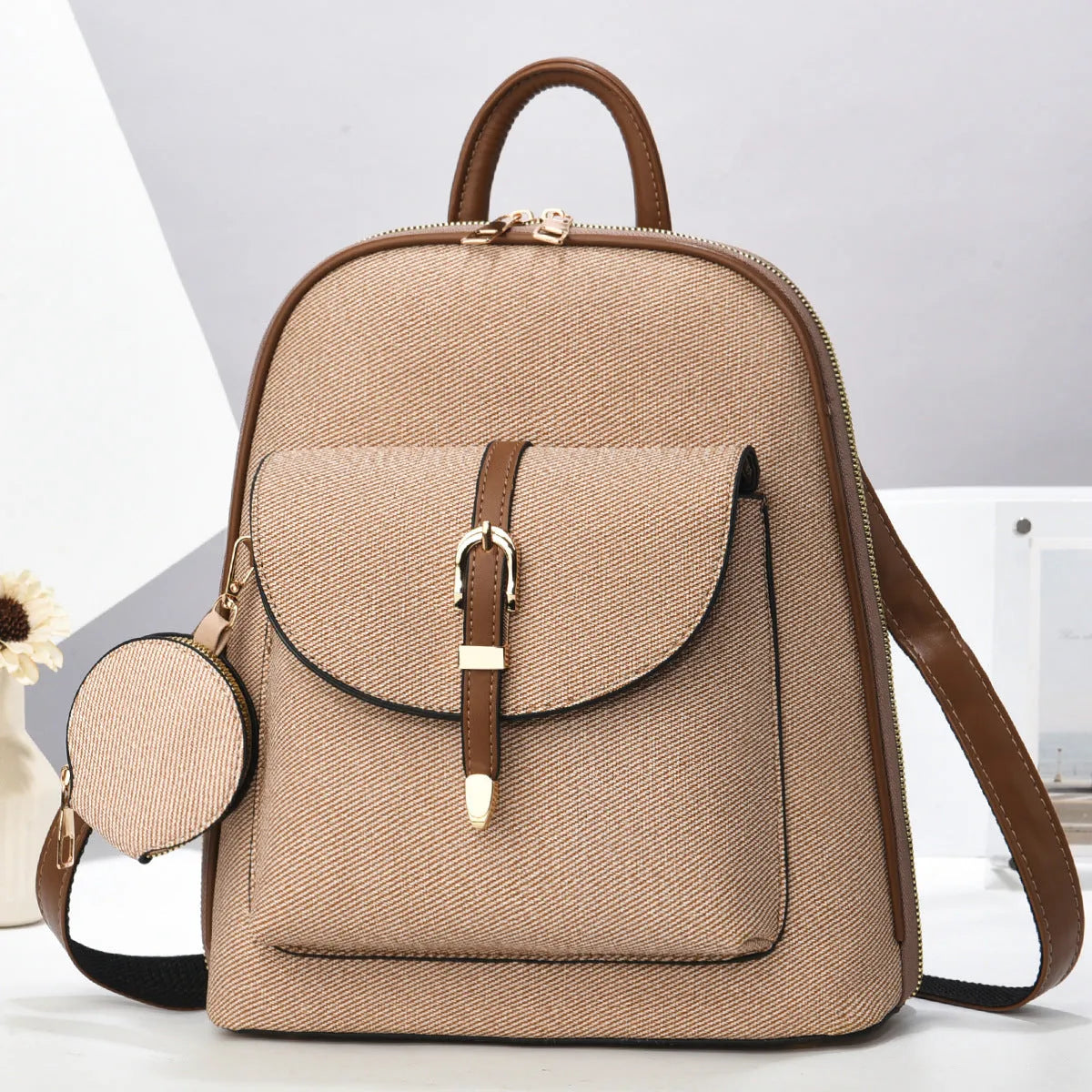 Multi-functional one-shoulder ladies travel backpack crossbody bag in PU shell shape with sandwich pocket, apricot colour, 31x28x11cm