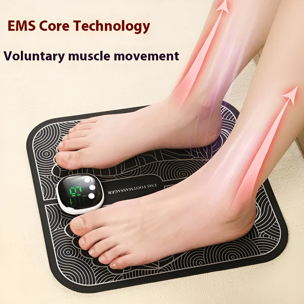 Rechargeable reflexology foot massager mat with foot pad and remote control on floor