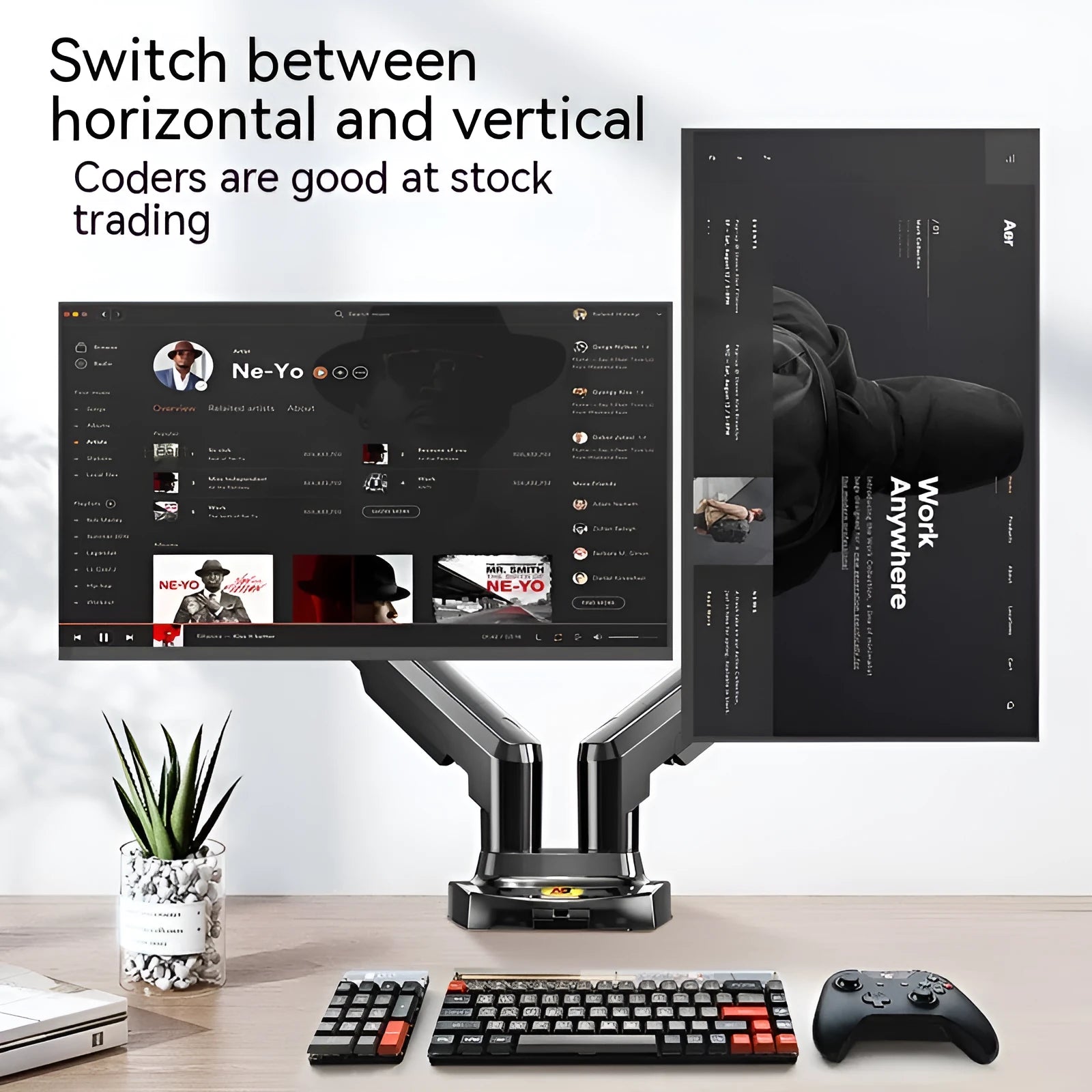 Dual screen monitor bracket with height adjustment for VESA 75-100mm compatible displays