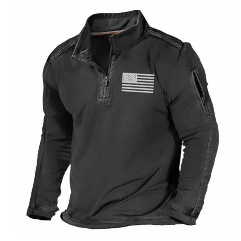 Men's grey zip collar long sleeve pullover sweater on a model.