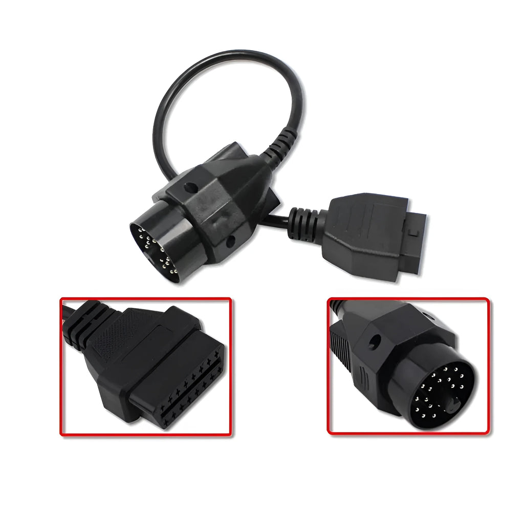 OBD2 diagnostic adapter cable with BMW 20-pin male connector and standard 16-pin female OBD2 socket