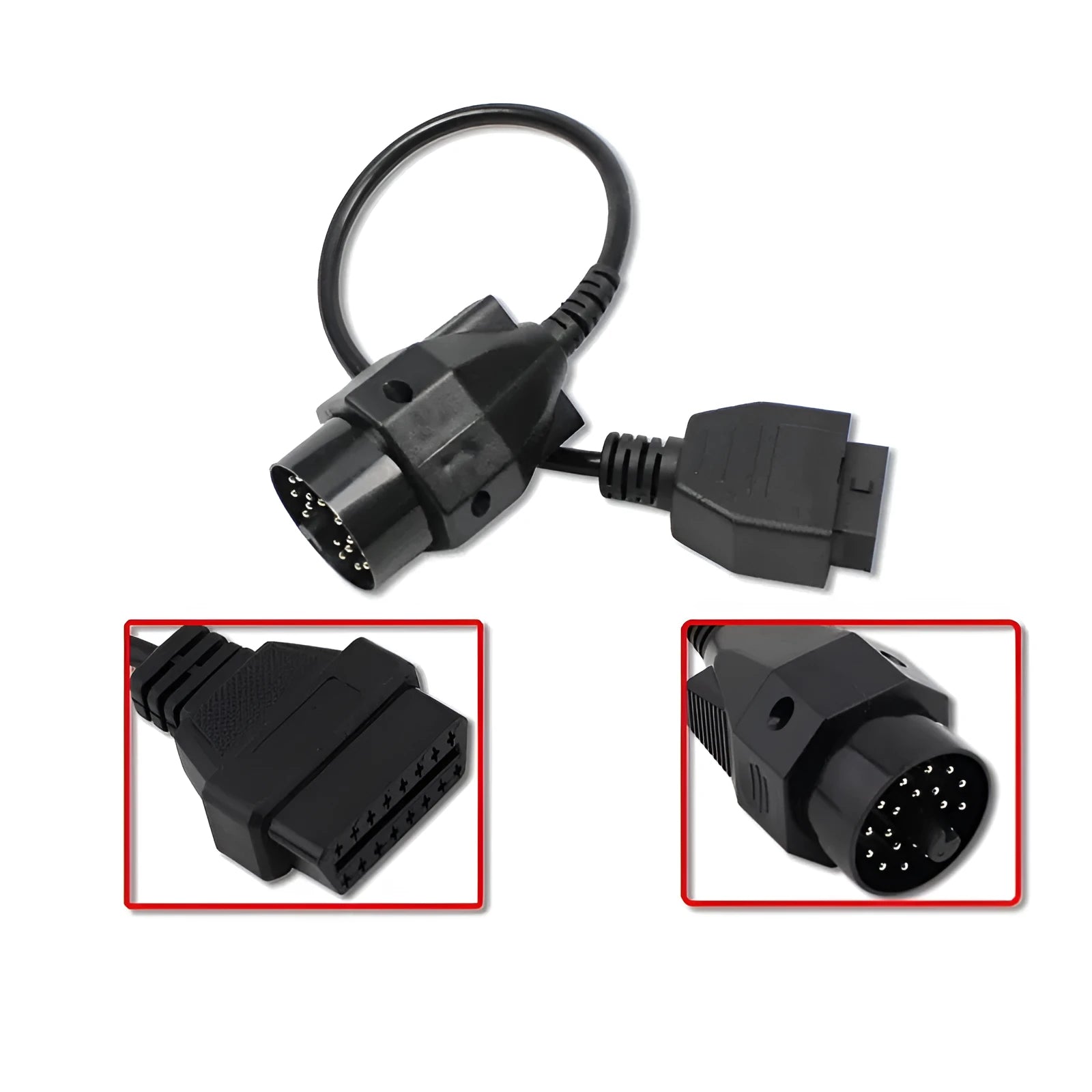 OBD2 diagnostic adapter cable with BMW 20-pin male connector and standard 16-pin female OBD2 socket