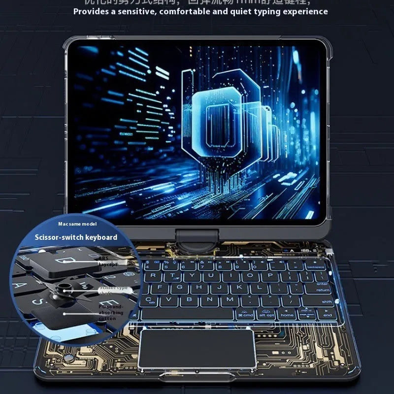 Transparent rotating wireless keyboard case for iPad Air 5 tablet showing 360-degree hinge mechanism