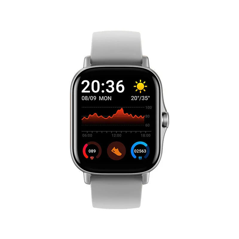 GT20 smartwatch with black silicone strap and alloy case showing heart rate monitoring on screen.
