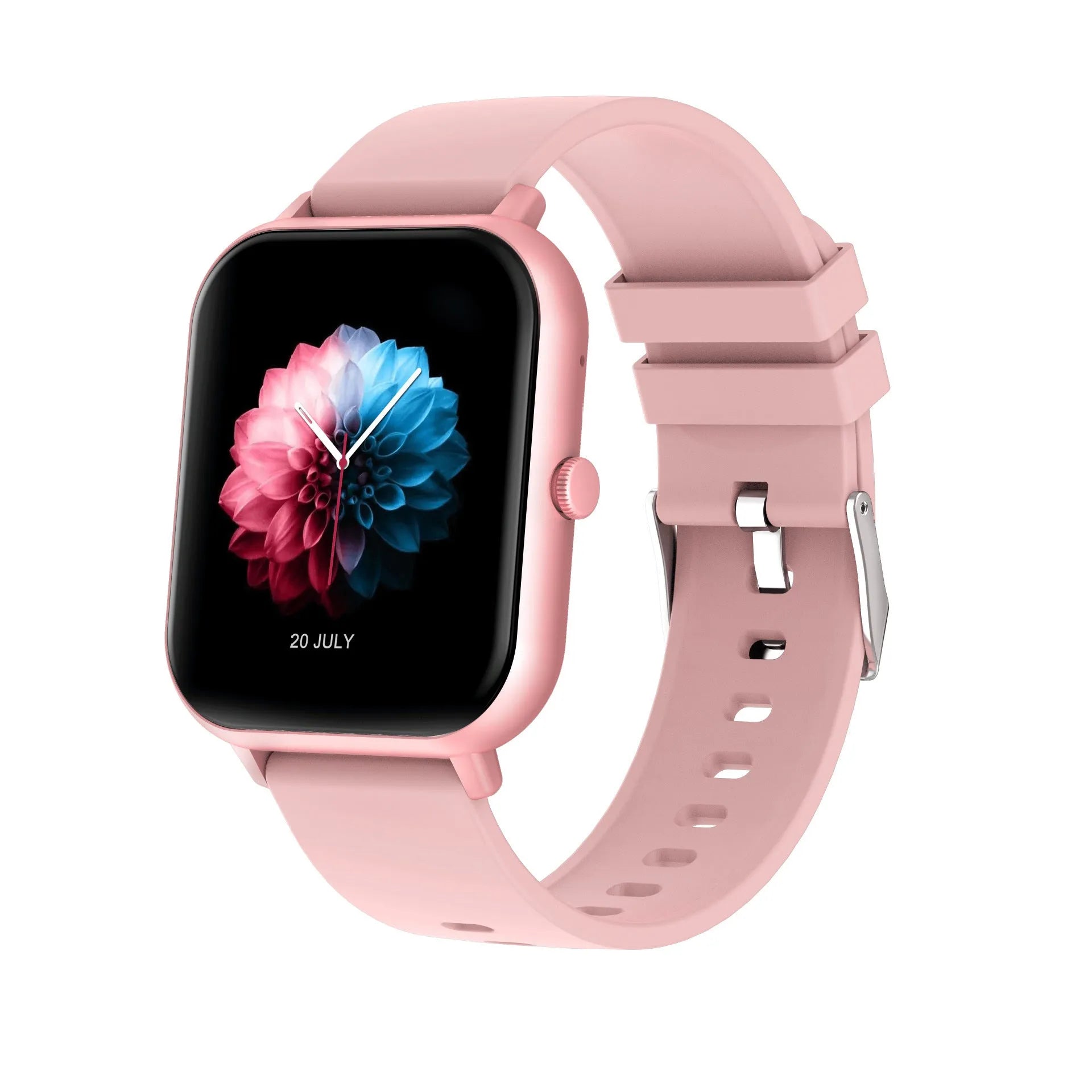 Black smart watch with touch button and TFT screen on a wrist, showing heart rate monitoring display.