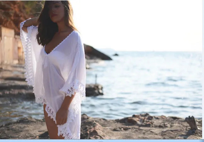 White lace hollow crochet cotton swimsuit beach dress on model, one size, solid colour cover-up