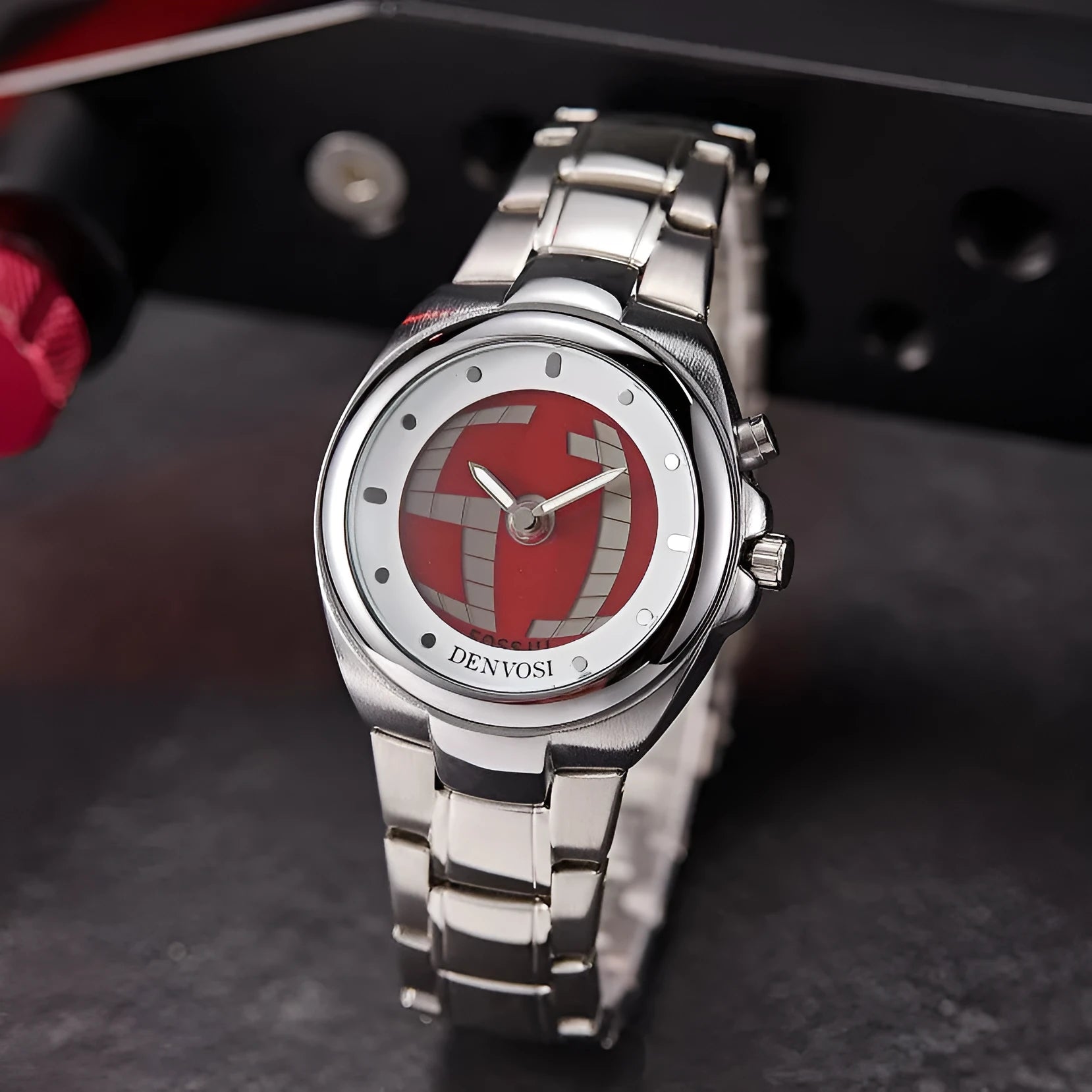 Y2K digital watch with dual display showing blue flame colour variant on wrist