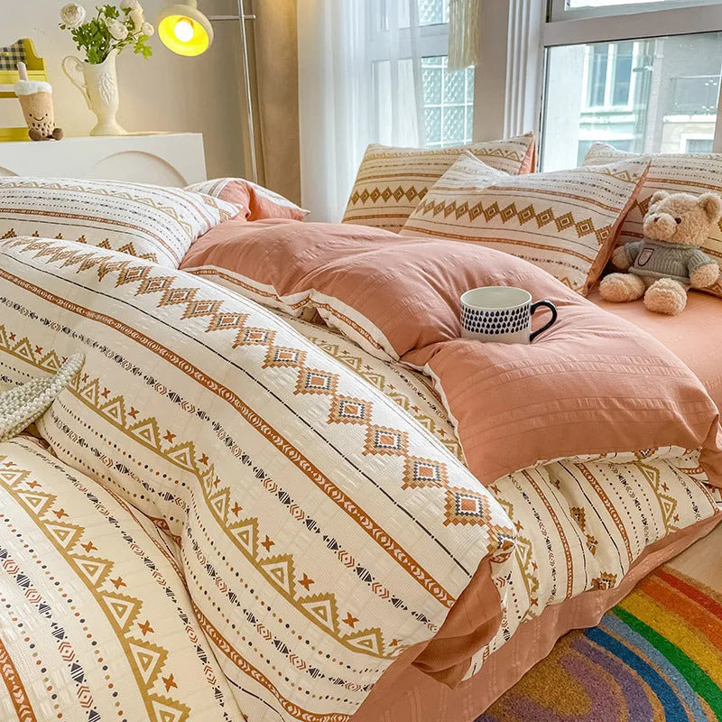 Chemical fibre bed sheet set with aerobic jacquard cloud yarn cotton in Butterfly Dance rose colour