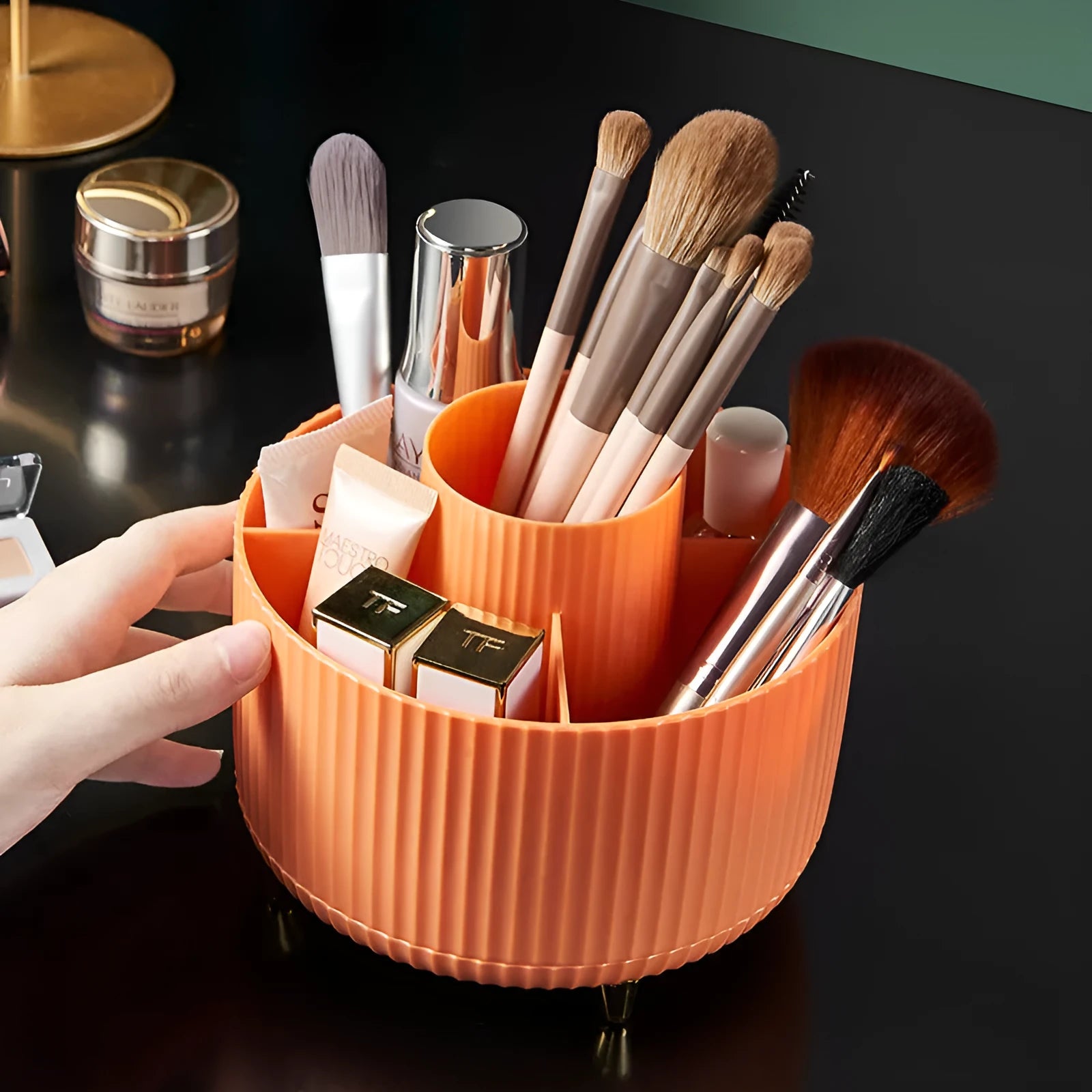 Desktop swivel makeup brush organizer ABS plastic rotating caddy with partition in white