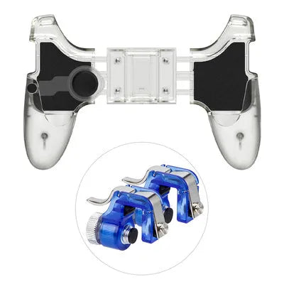 Black mobile phone game handle with USB-C plug and trigger buttons attached to a smartphone.